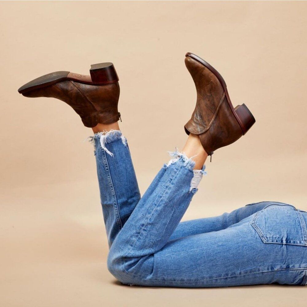 Salpy Riley Handmade USA Heeled Ankle Boot 10 Olive Distressed Back Zip Bootie